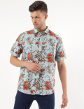 Linen Mix Floral Print Spread Collar Shirt