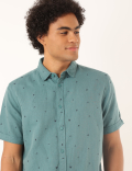 Linen Mix Printed Spread Collar Shirt