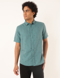 Linen Mix Printed Spread Collar Shirt