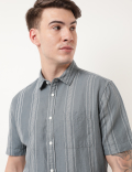 Linen Mix Striped Spread Collar Shirt