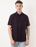 Linen Mix Striped Spread Collar Shirt