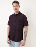 Linen Mix Striped Spread Collar Shirt