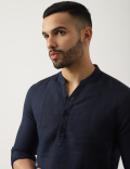 Linen Mix Plain Mandarin Collar Shirt