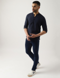 Linen Mix Plain Mandarin Collar Shirt