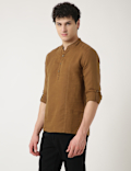 Linen Mix Plain Mandarin Collar Shirt