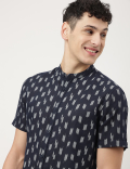 Linen Mix Printed Mandarin Collar Shirt