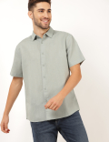 Flax Linen Mix Plain Spread Collar Shirt
