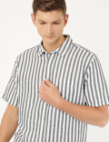 Linen Mix Striped Spread Collar Shirt