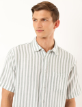 Linen Mix Striped Spread Collar Shirt
