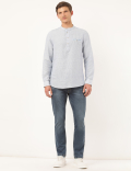 Linen Mix Self Design Mandarin Collar Shirt