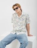 Camp Collar Linen Blend Printed Shirt