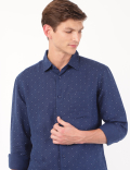 Linen Mix Printed Spread Collar Shirt