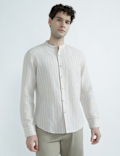 Linen Rich Mandrin Collar Striped Shirt