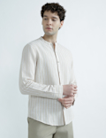 Linen Rich Mandrin Collar Striped Shirt