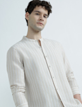 Linen Rich Mandrin Collar Striped Shirt