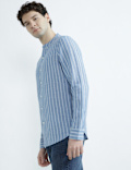Linen Rich Mandrin Collar Striped Shirt