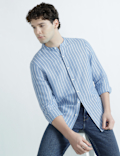 Linen Rich Mandrin Collar Striped Shirt