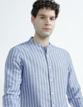 Linen Rich Striped Mandarin Collar Shirt