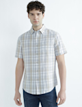 Linen Rich Spread Collar Check Shirt