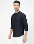 Linen Rich Plain Band Collar Shirt
