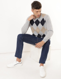 Pure Cotton Argyle Print Crew Neck Jumper