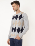 Pure Cotton Argyle Print Crew Neck Jumper