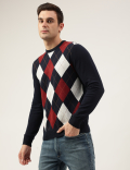 Pure Cotton Argyle Round Neck Jumper