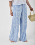 Linen Rich Embroidered Wide Leg Trousers