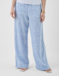Linen Rich Embroidered Wide Leg Trousers