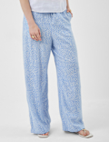 Linen Rich Embroidered Wide Leg Trousers