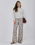 Linen Rich Embroidered Wide Leg Trousers