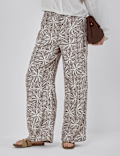 Linen Rich Embroidered Wide Leg Trousers