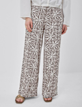 Linen Rich Embroidered Wide Leg Trousers