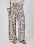 Linen Rich Embroidered Wide Leg Trousers