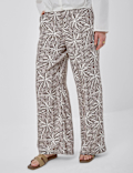 Linen Rich Embroidered Wide Leg Trousers