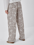 Linen Rich Embroidered Wide Leg Trousers