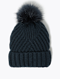 Knitted Faux Fur Bobble Beanie Hat