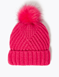 Knitted Faux Fur Bobble Beanie Hat