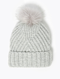 Knitted Faux Fur Bobble Beanie Hat