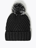 Knitted Faux Fur Bobble Beanie Hat