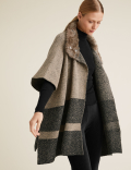 Knitted Striped Faux Fur Collar Poncho
