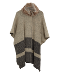 Knitted Striped Faux Fur Collar Poncho