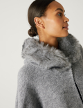 Hooded Faux Fur Trim Poncho