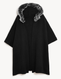 Hooded Faux Fur Trim Poncho