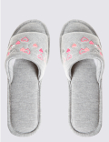 Heart Embroidered Open Toe Mule Slippers