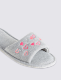 Heart Embroidered Open Toe Mule Slippers