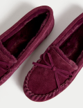 Suede Bow Faux Fur Lined Moccasin Slippers