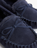 Suede Bow Faux Fur Lined Moccasin Slippers