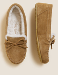 Suede Bow Faux Fur Lined Moccasin Slippers