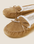 Suede Bow Faux Fur Lined Moccasin Slippers